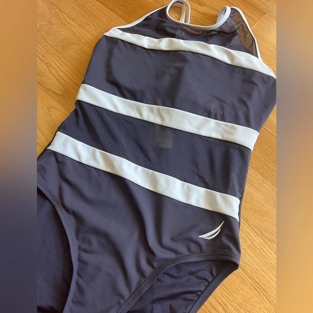 Nautica striped one-piece swimsuit Navy Blue & White Mesh Accents Women’s Small